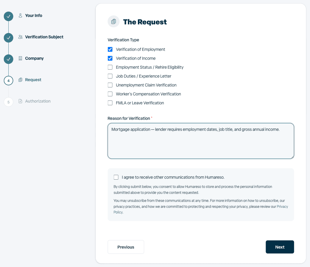 The Humareso Verify request form: a requestor picks which verifications they need and states the reason, step four of five