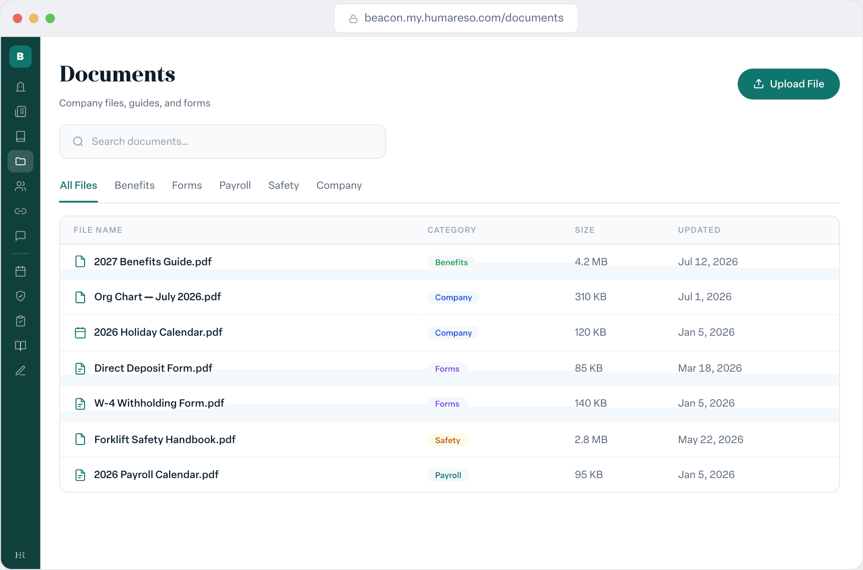 Document library listing benefits guides, forms, and calendars by category