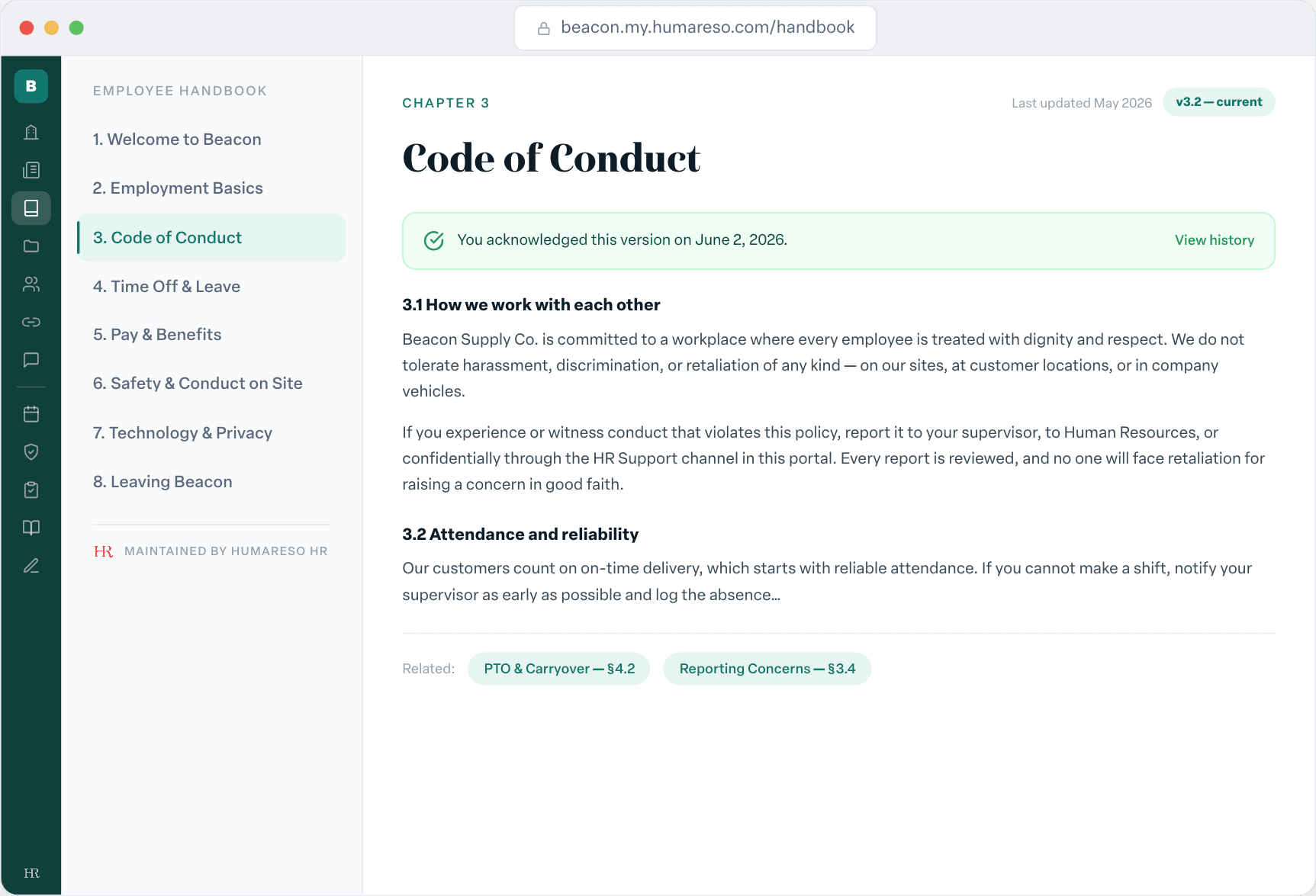 Employee handbook chapter on code of conduct with an acknowledgment banner and version tag