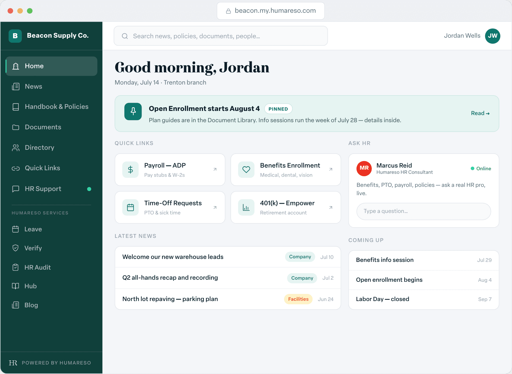 Humareso Portal home page for a sample company with a pinned announcement, quick links, Ask HR, and latest news