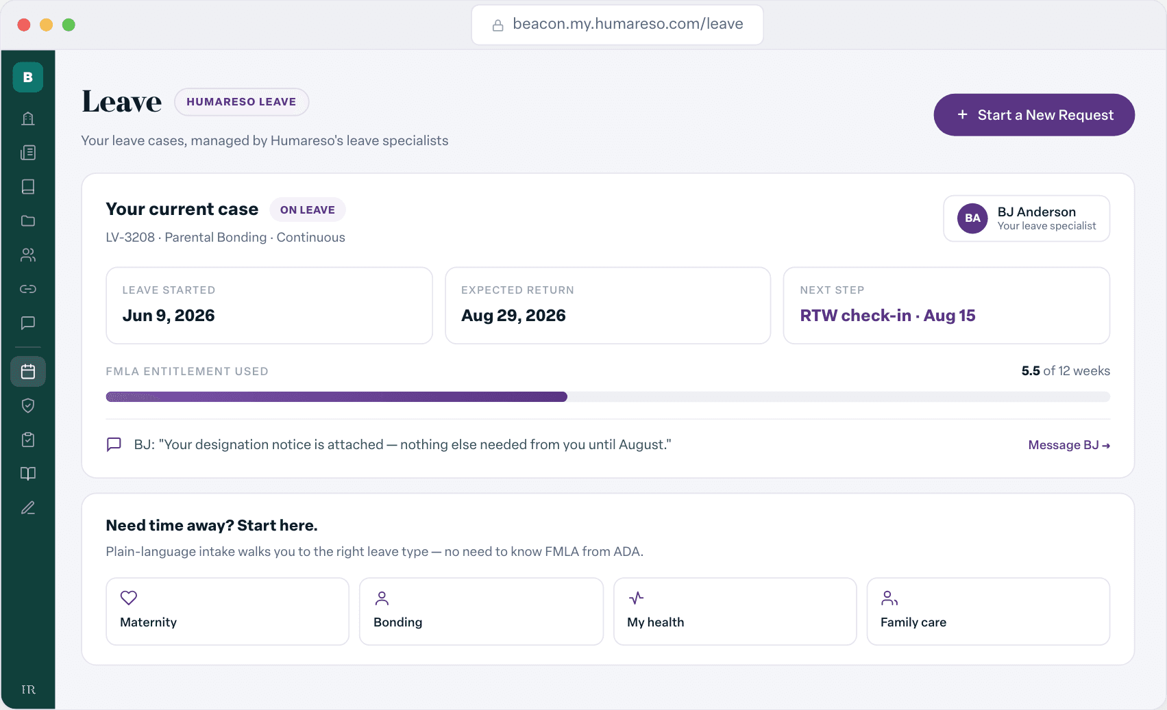 Leave tab showing a current parental bonding case, return date, and FMLA entitlement used