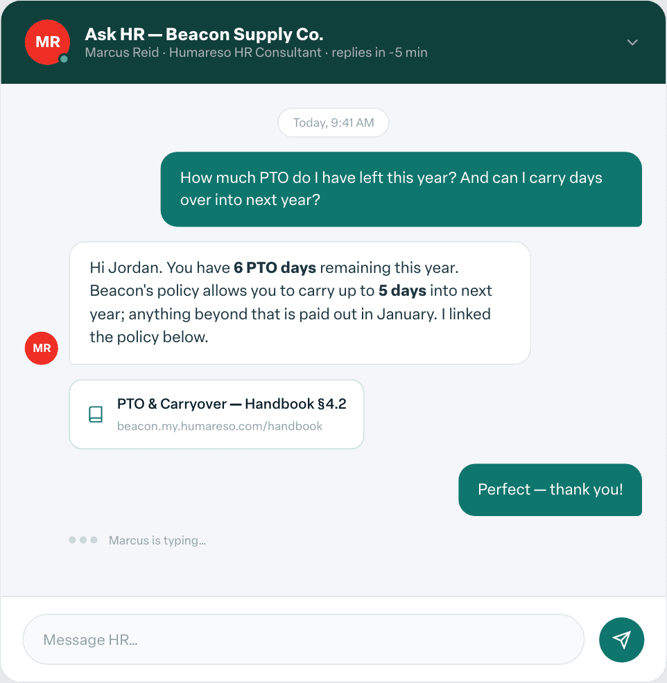 Ask HR chat where a Humareso consultant answers a PTO question and links the handbook policy