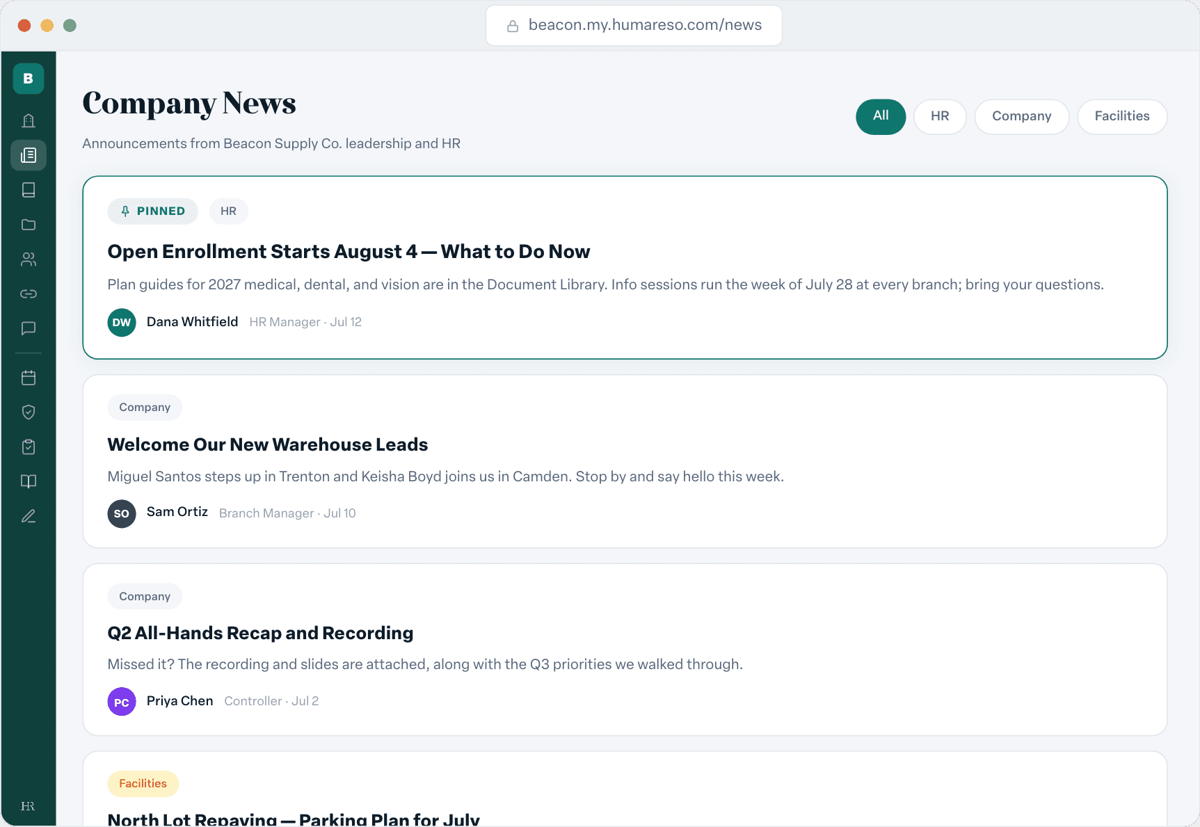 Portal news feed with a pinned open enrollment post above company announcements