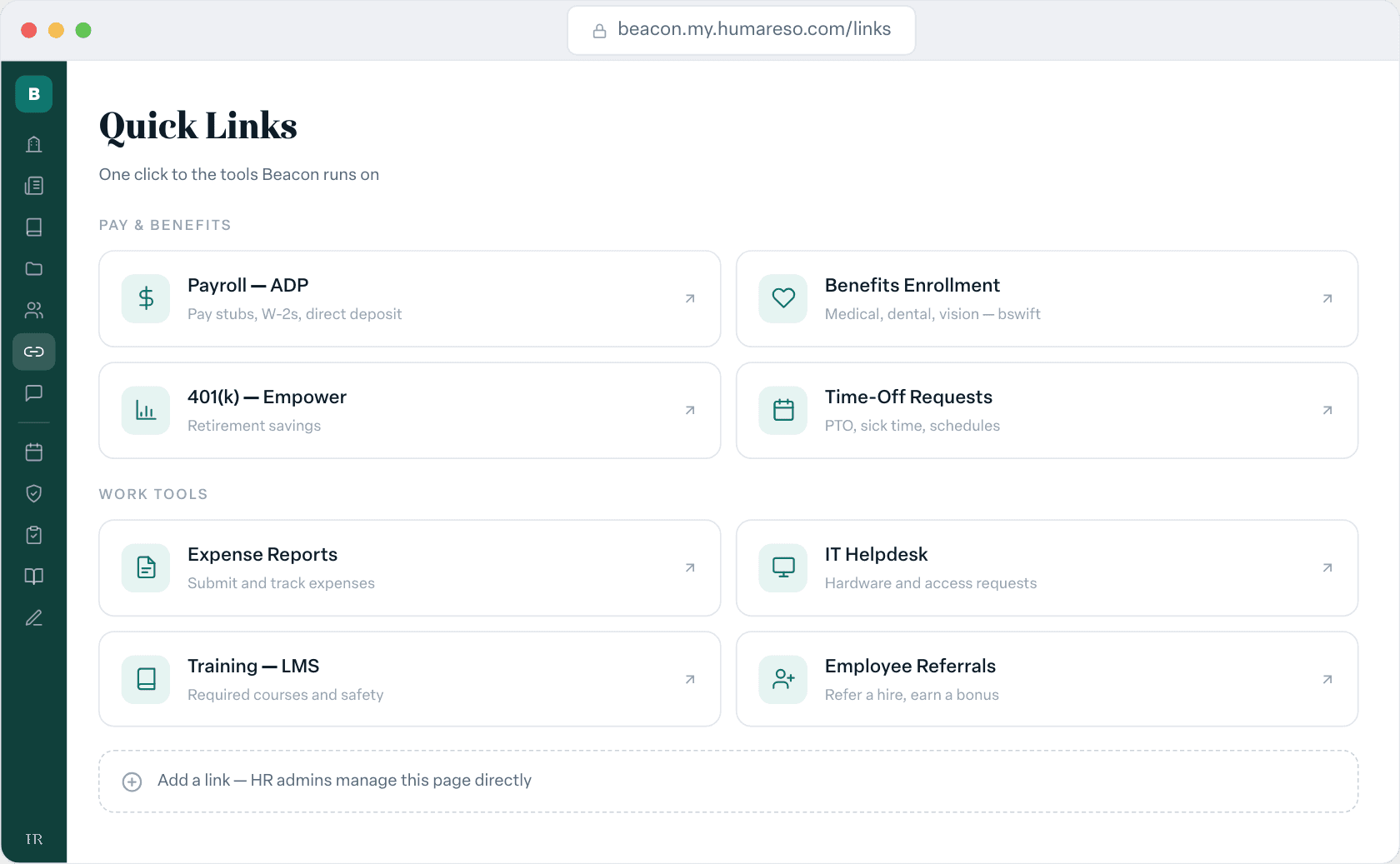 Quick links page grouping payroll, benefits, 401(k), and work tools