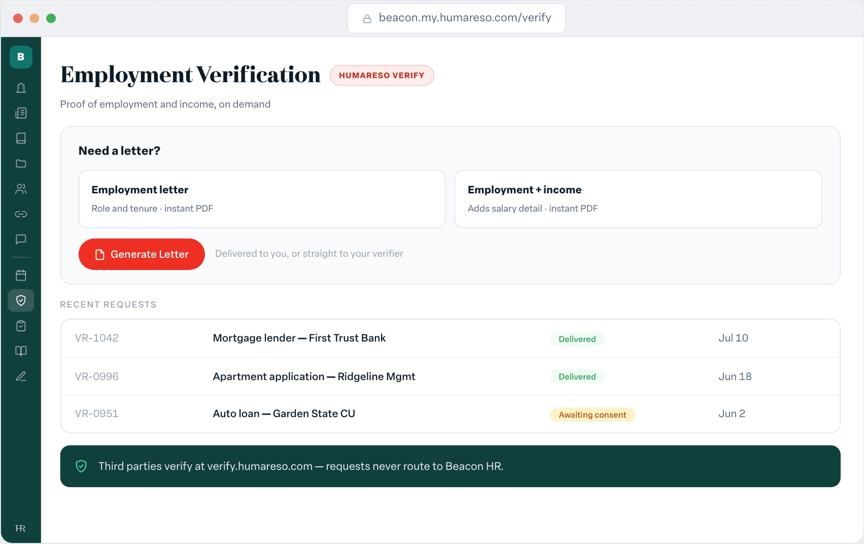 Employment verification tab with letter generation and recent verifier requests