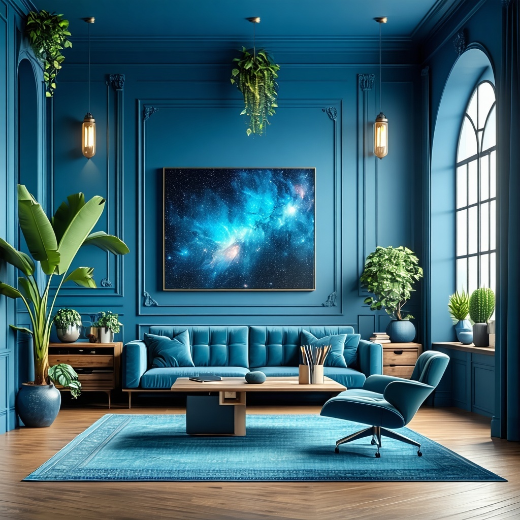 A bright welcoming office using primarily moody blue with some white and green accents It should look modern but sophisticated A bright welcoming office using primarily moody blue with some white and green accents It should look modern but sophisticated