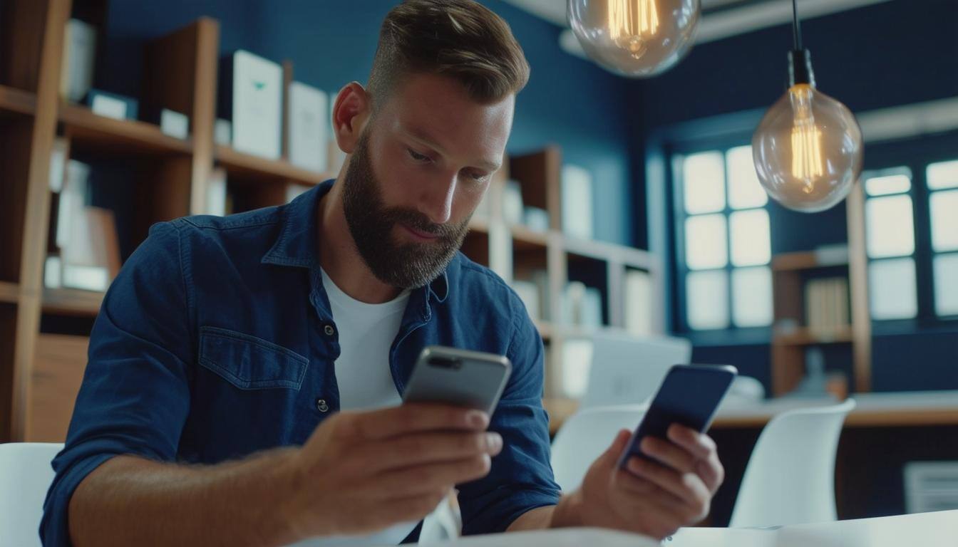 Close up shot of worker showing someone something on a cell phone