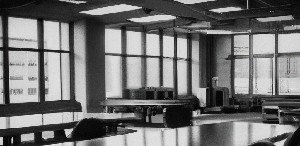 DALL·E 2023-05-10 12-10-47 - A moody black and white photo of a large, modern office-1