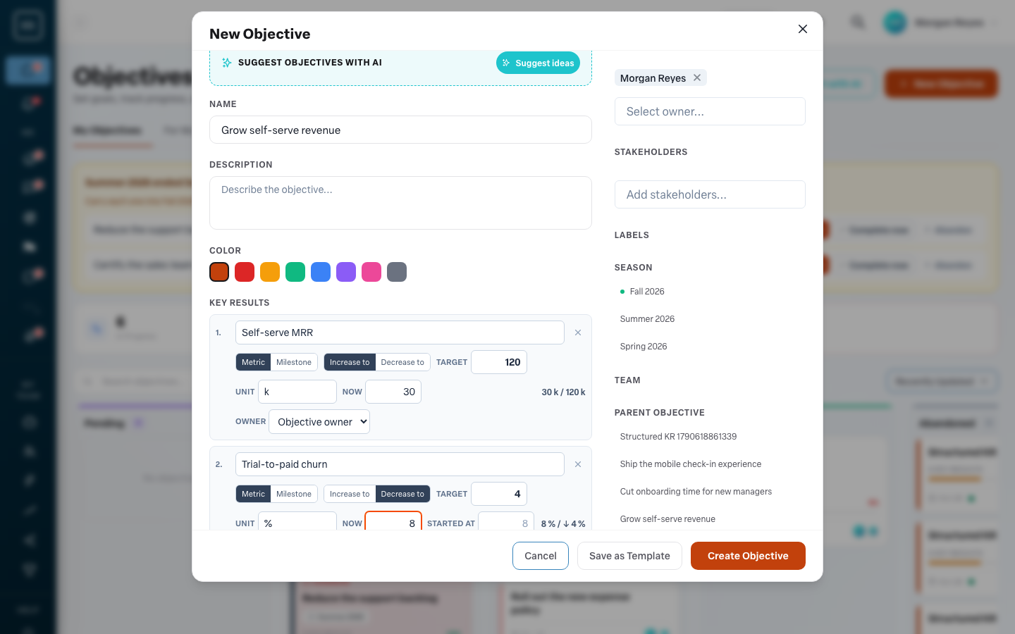 The New Objective dialog: name, description, color, key results, dates, check-in frequency, owner and stakeholders.