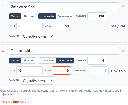 The key result editor with two rows: a metric increasing to a target with a unit and a current value, and a decreasing metric with a Started at field. Each row has an owner select and a Suggest a measure action.