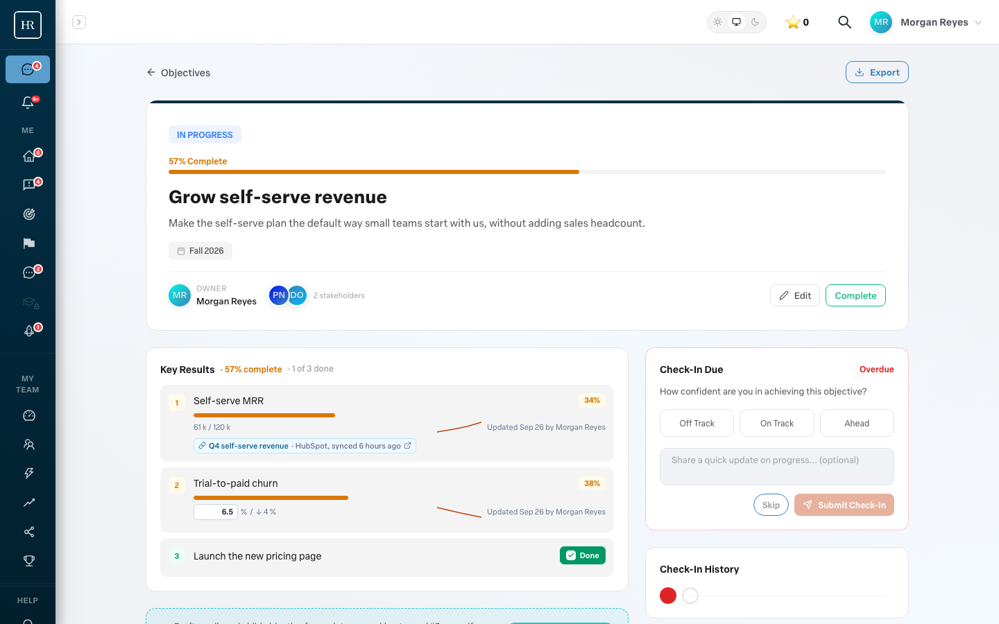 An objective detail page with the hero, the Key Results panel, sub-objectives and comments.