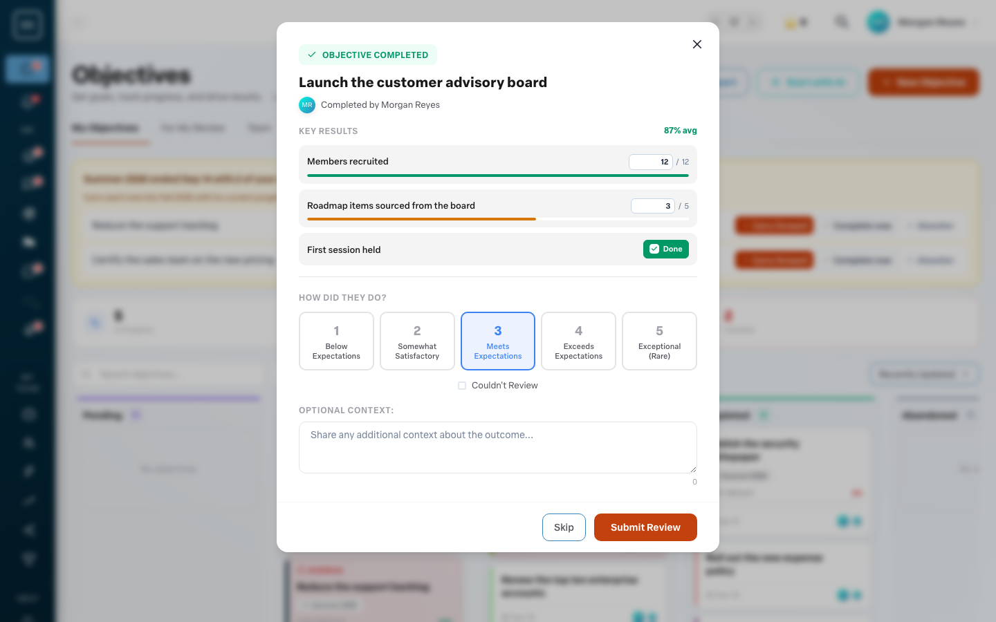 The objective review dialog with the key results, their completion, and the review controls.