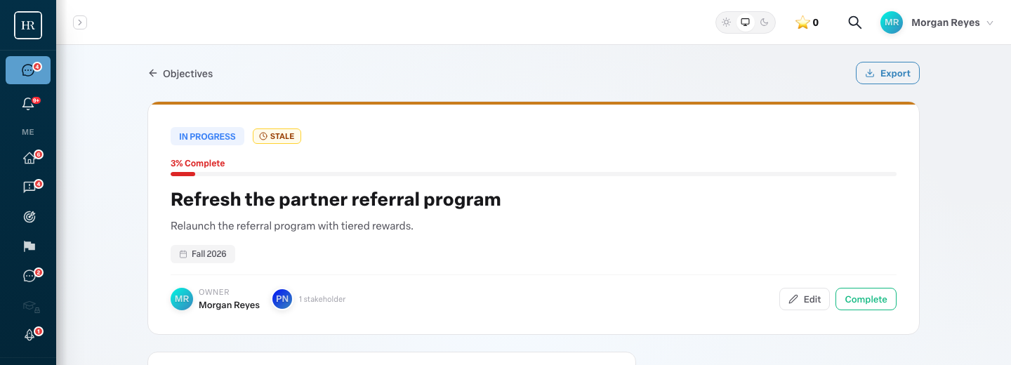 An objective hero carrying the Stale badge: no check-in or key result update in 14 days.