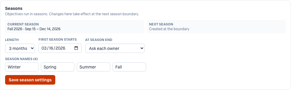 The Seasons settings: current and next season, season length, first season start date, what happens at season end, and the season names.