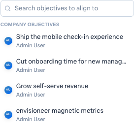 The Parent Objective picker: a search box, then Company objectives listed with their owners.