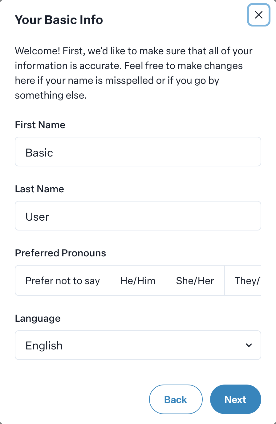 Engage coverage suite: account-wizard-basic-info. the name, pronouns and language fields