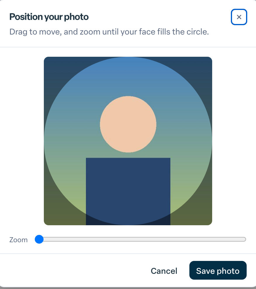 Engage coverage suite: avatar-crop-dialog. the crop circle, Zoom control and Save photo button