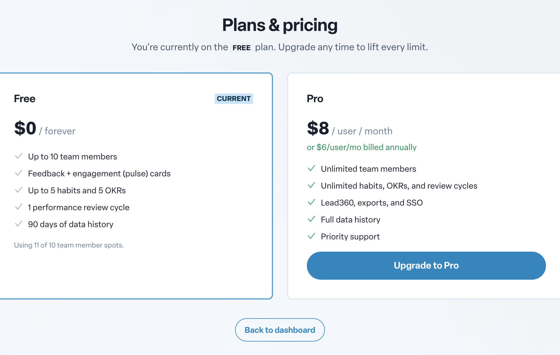 Engage coverage suite: billing-plans-and-pricing. the Free and Pro plan cards with the Upgrade to Pro button