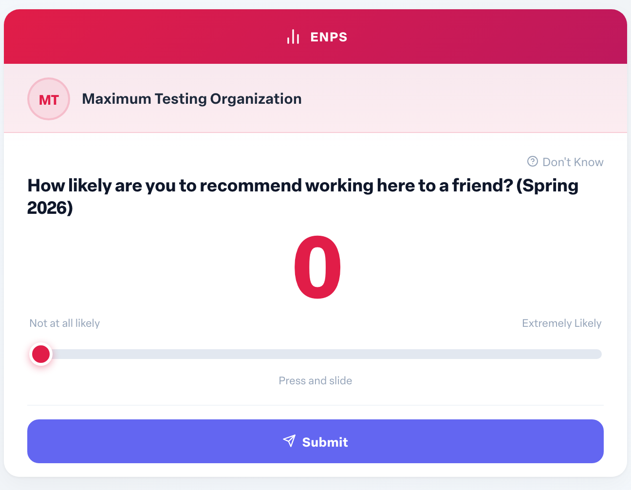 Engage coverage suite: feedback-enps-card. the 0 to 10 slider with Not at all likely and Extremely Likely labels and the Submit button
