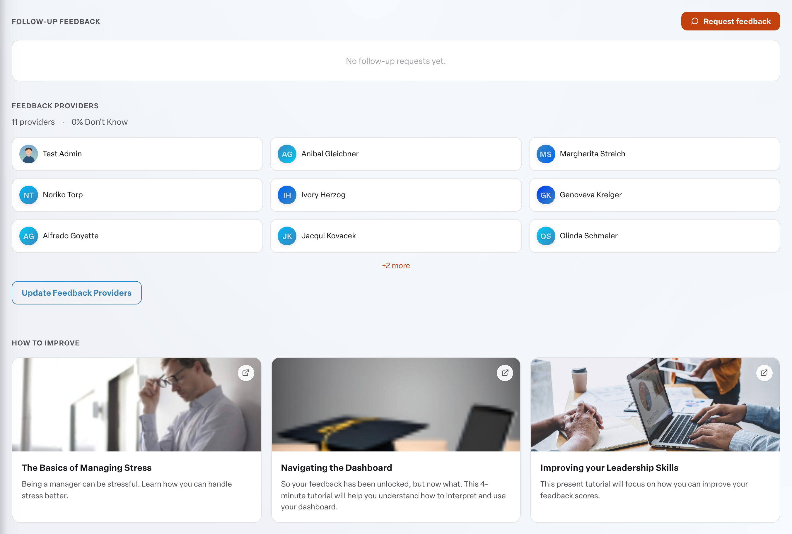 Engage coverage suite: habit-detail-request-feedback. the How to Improve tips and the Follow-Up Feedback section with the Request feedback button