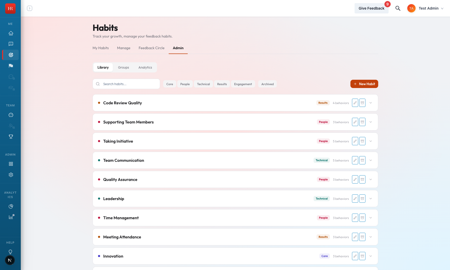 The Habits Admin Library tab listing the organization habits with their categories and behavior counts, and a New Habit button