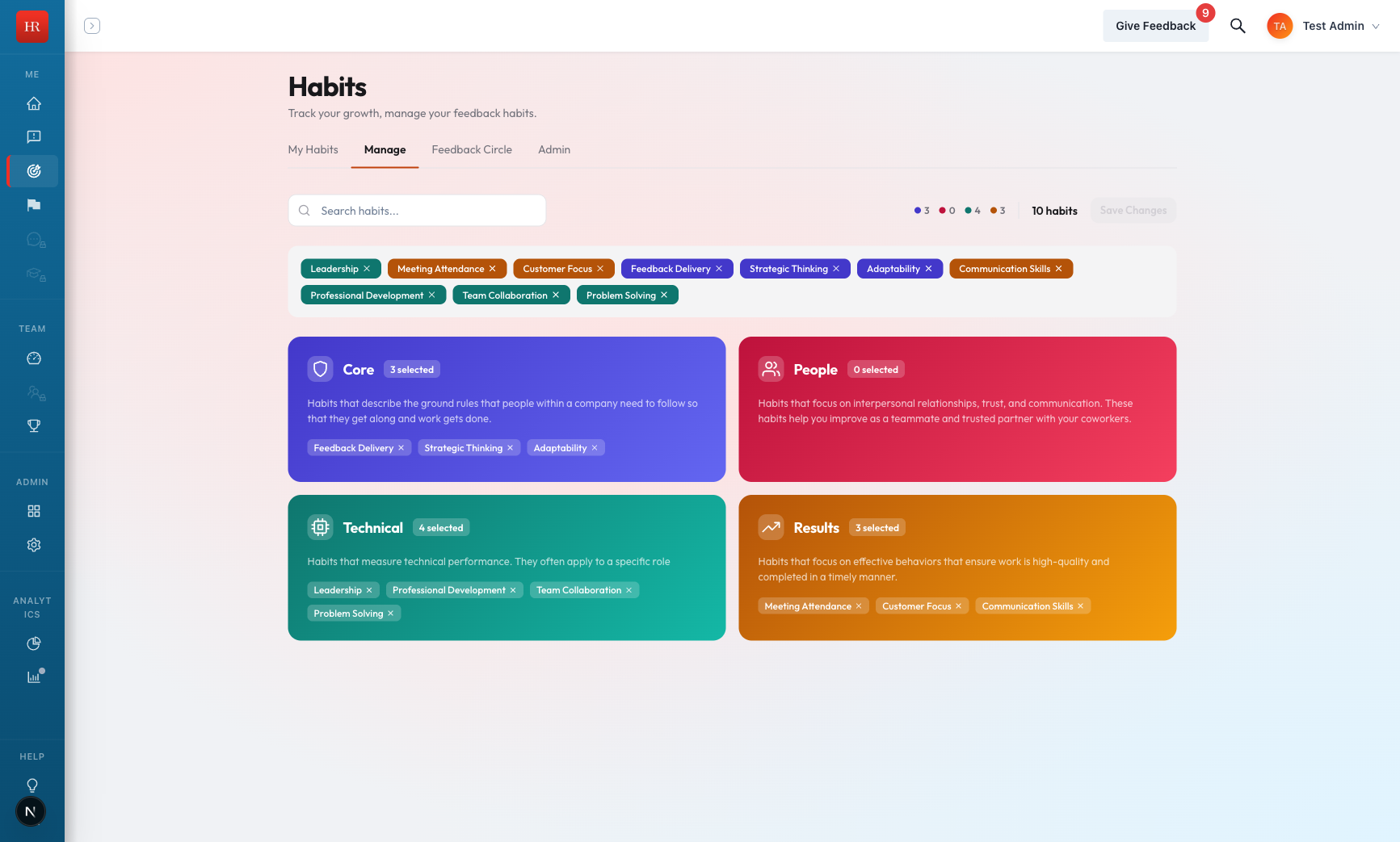 The habit picker showing the Core, People, Technical, and Results categories, selected habits listed as chips with a running count, a search box, and a Save Changes button