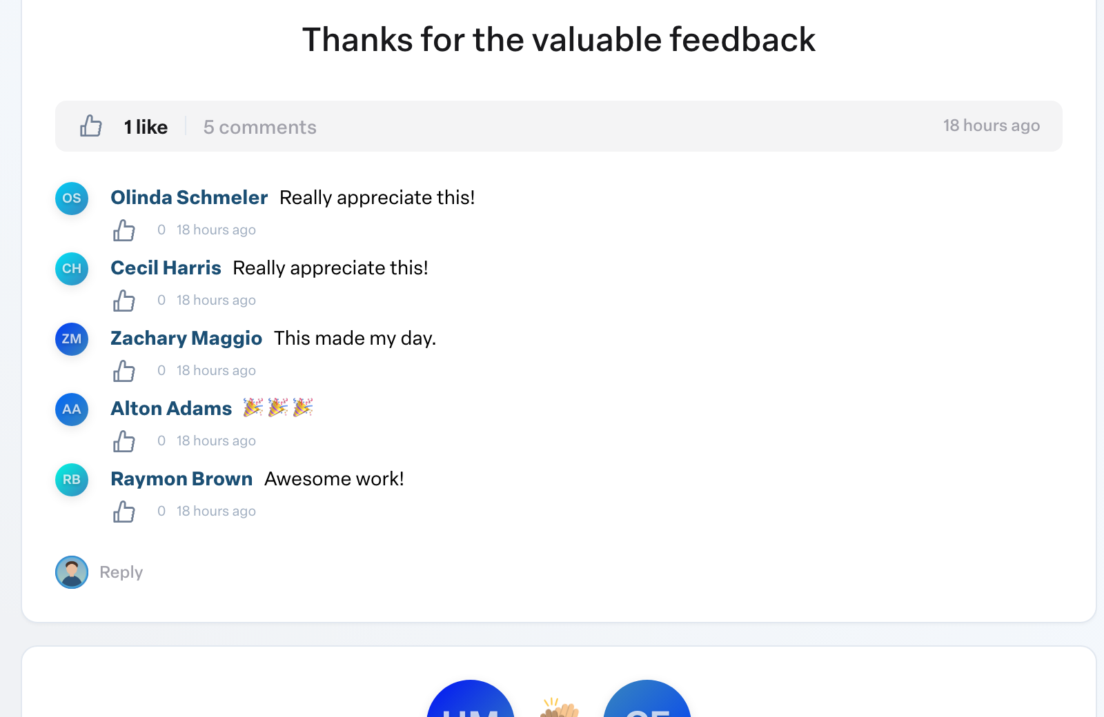 Engage coverage suite: high-five-like-and-reply. the like button, the comment count and the Reply link under a high-five
