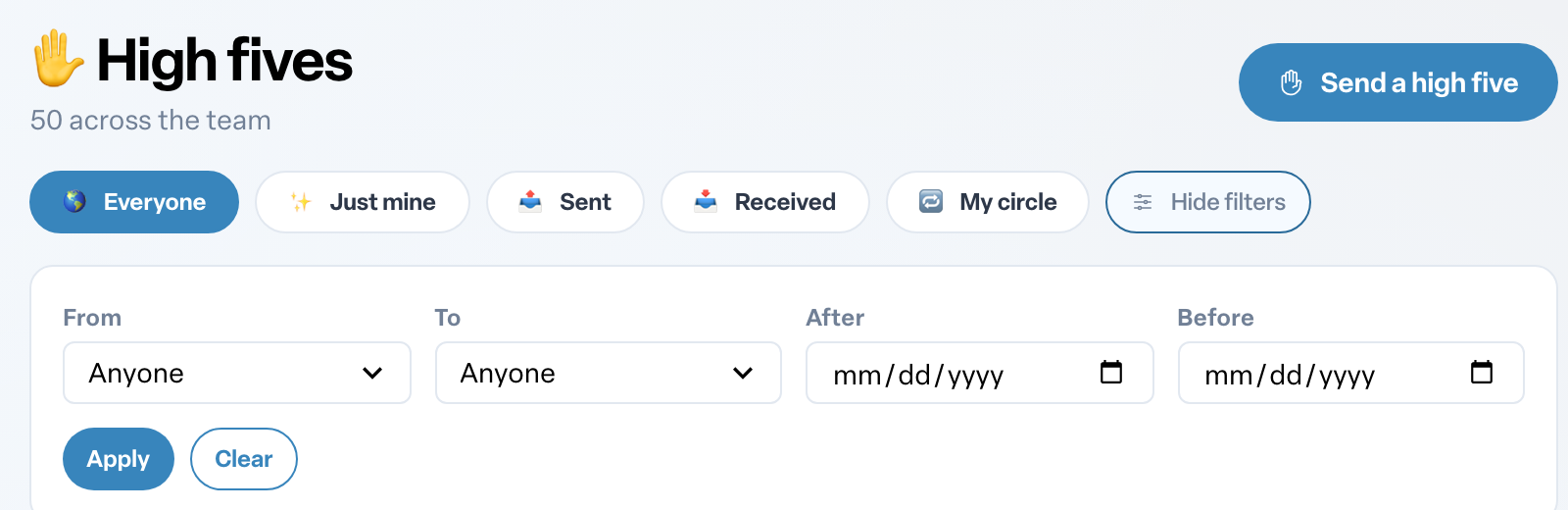 Engage coverage suite: high-fives-feed-filters. the page header count, Send a high five button and the From / To / After / Before filters