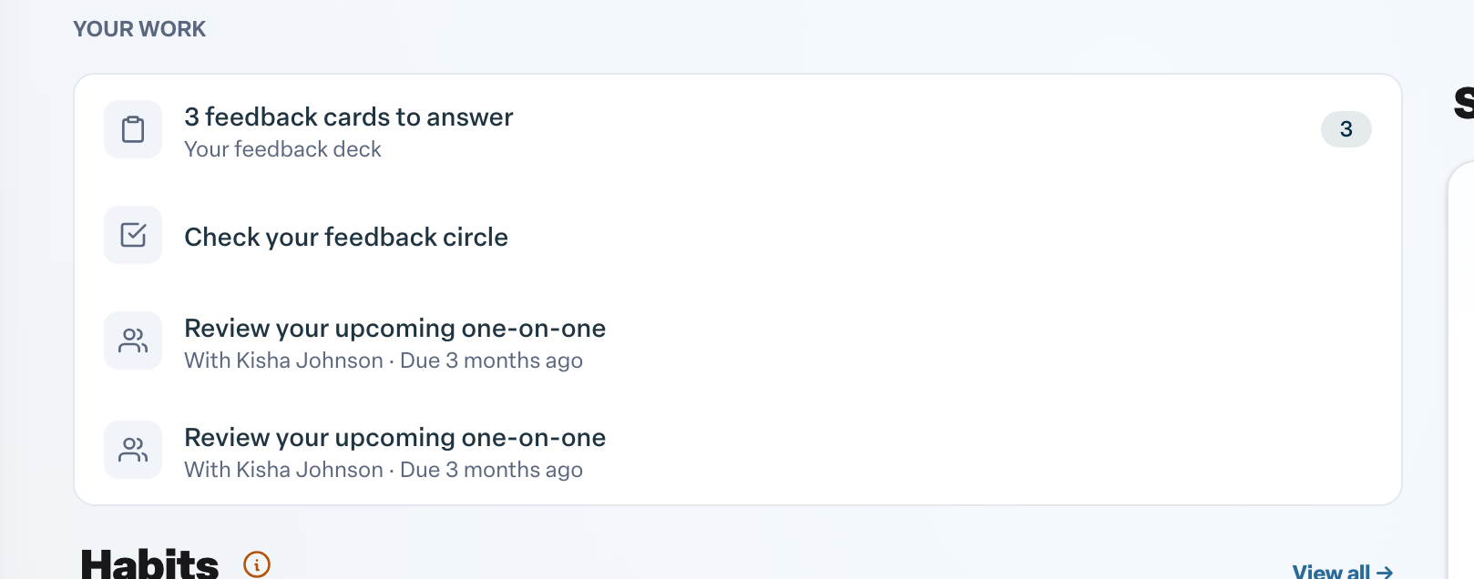 Engage coverage suite: home-action-items. the Your work list with the feedback-cards count badge and the one-on-one items