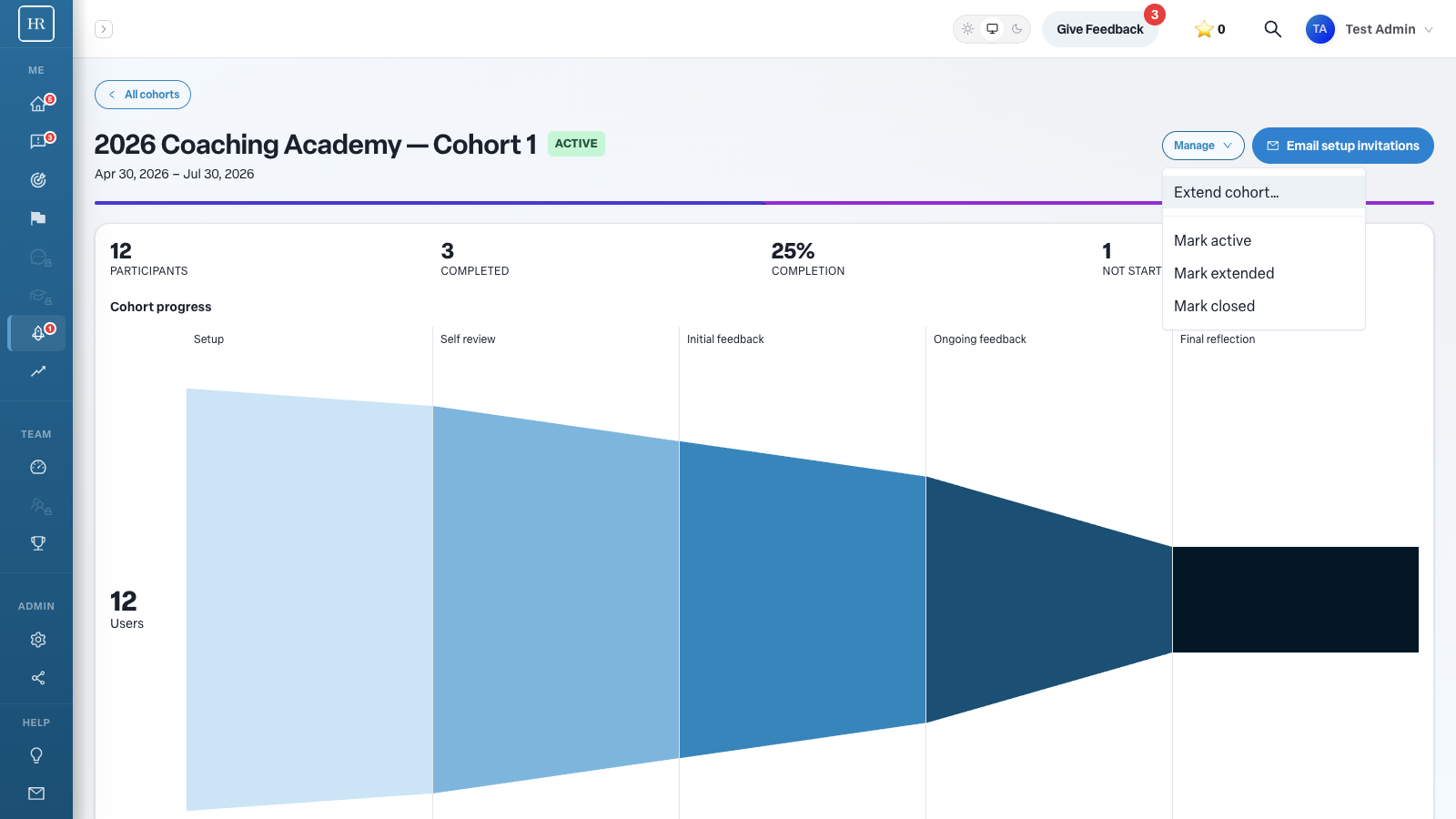 The Manage menu open on a cohort, with the Extend cohort option highlighted