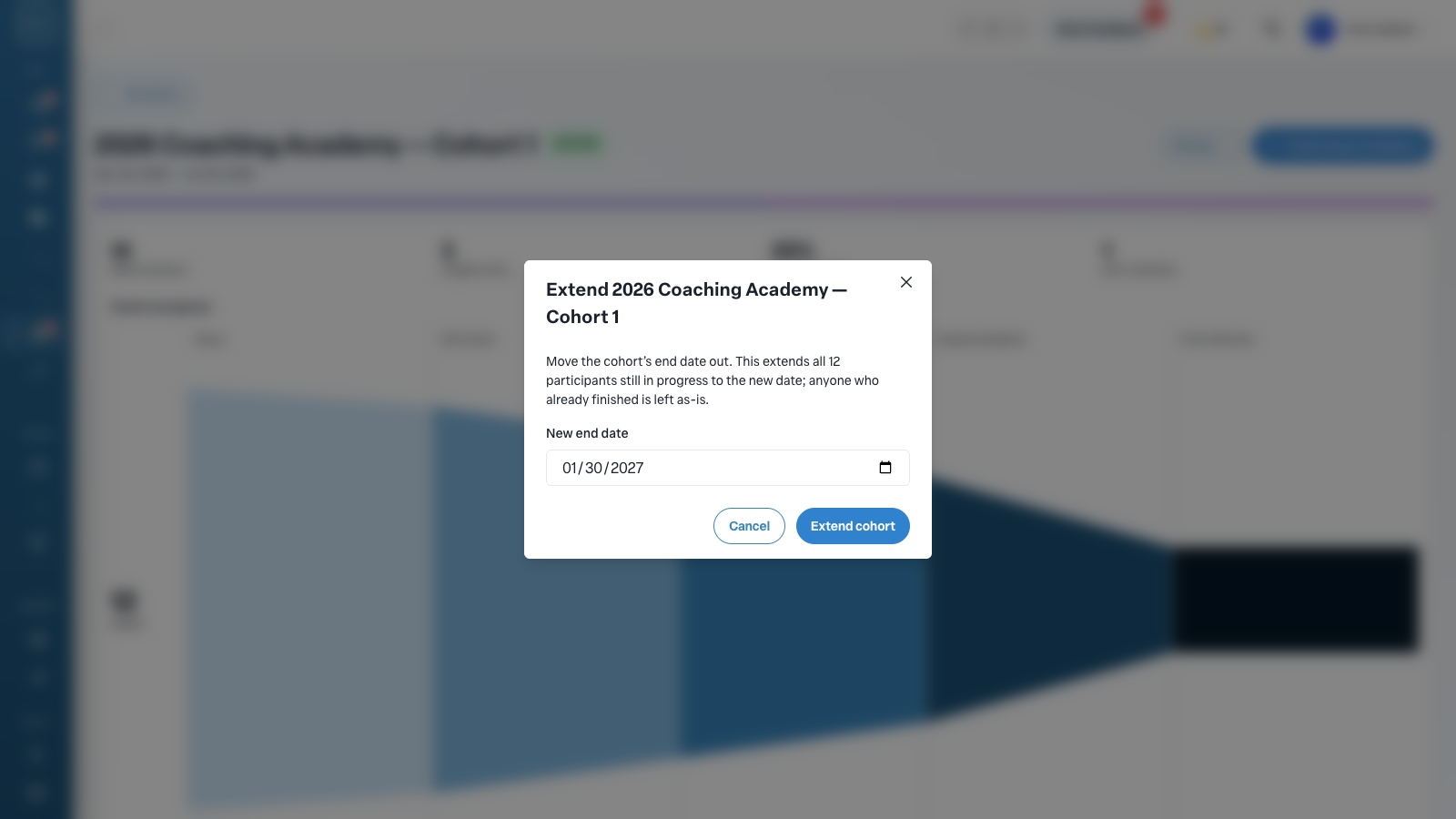 The Extend cohort dialog with a New end date date picker