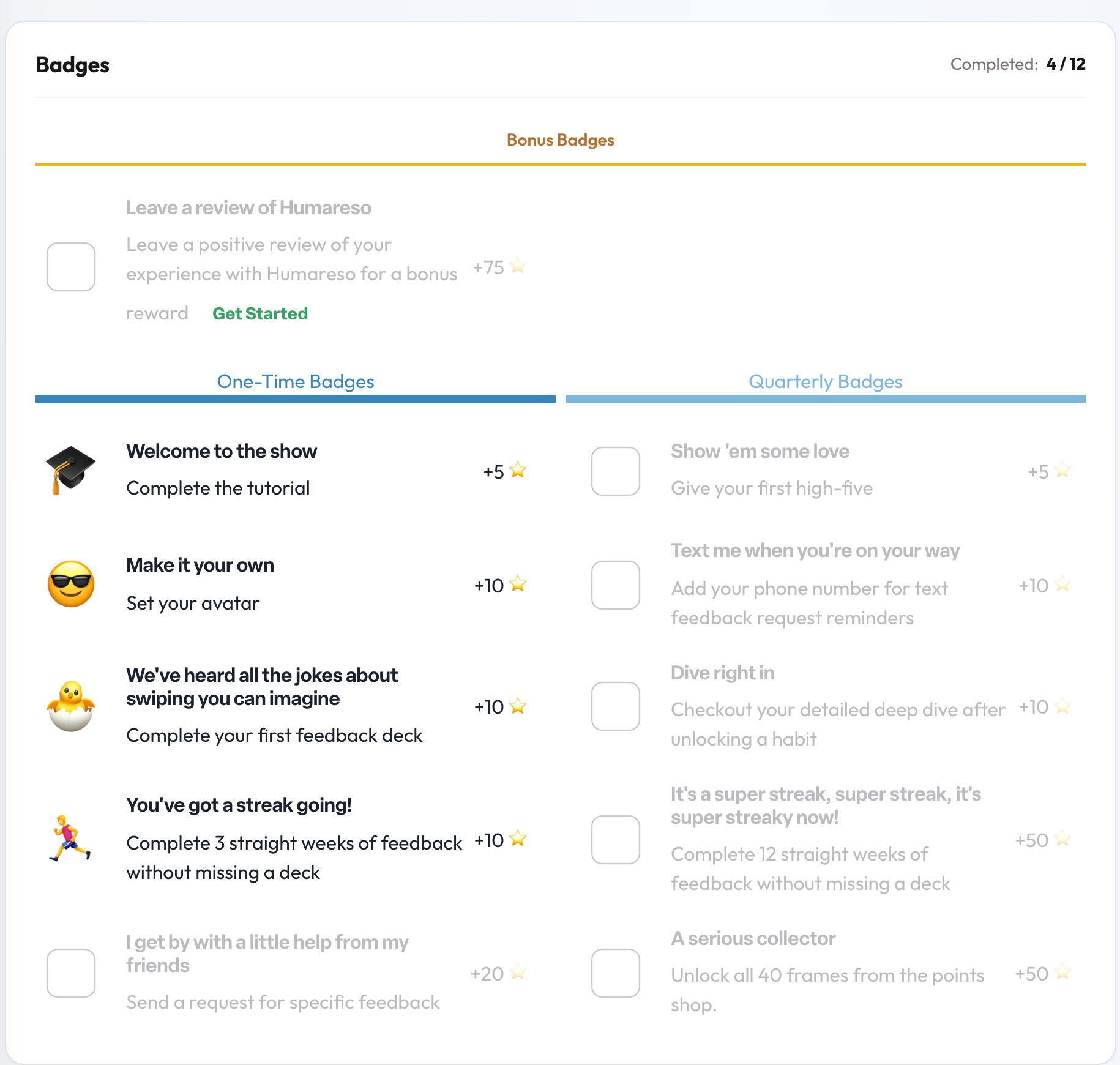 Engage coverage suite: leaderboard-badges-section. the Badges section with the One-Time Badges / Quarterly Badges selector and the Completed tally