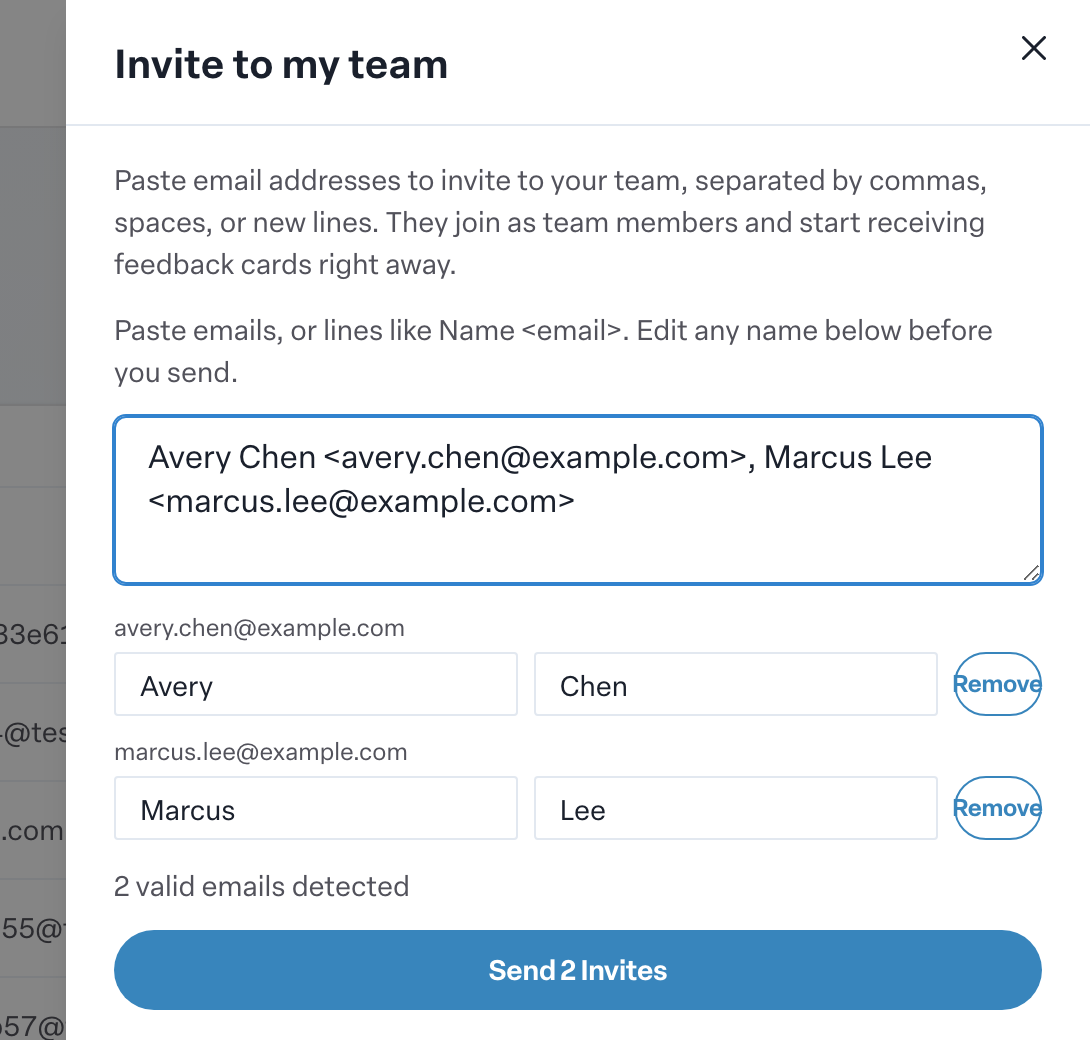 Engage coverage suite: my-team-invite-drawer. the paste box, the editable first and last name rows and the Send 2 Invites button
