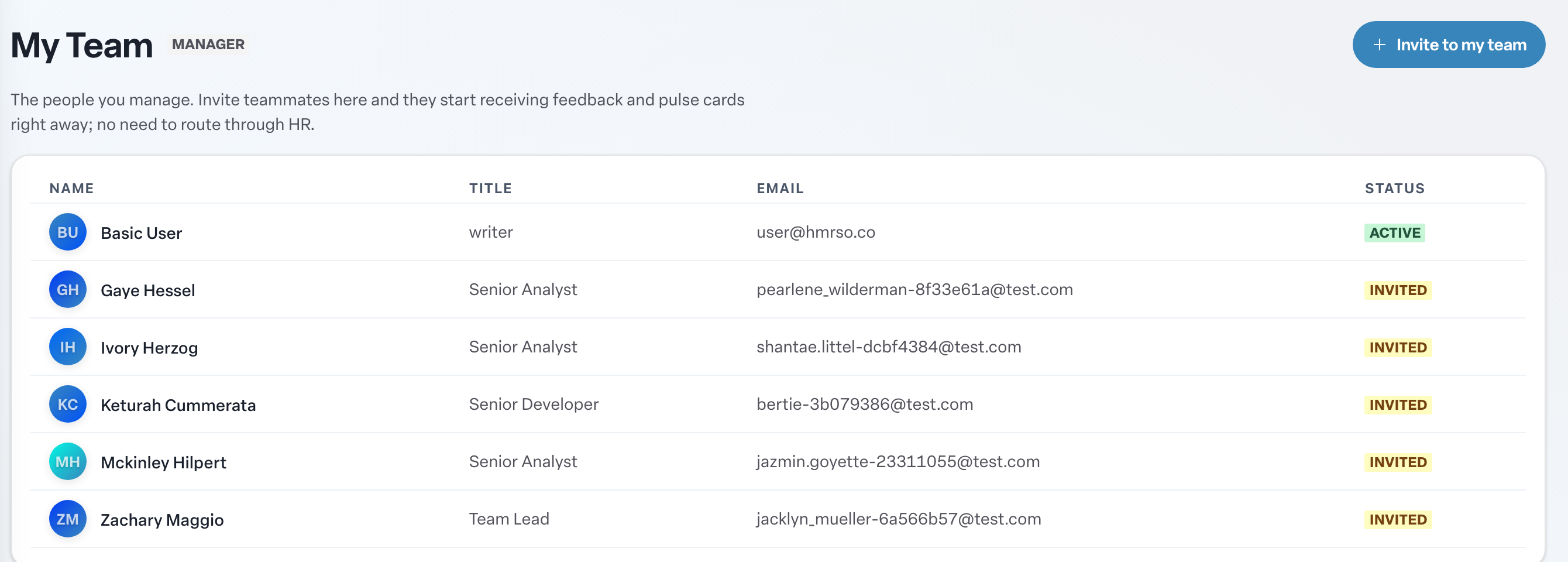 Engage coverage suite: my-team-roster. the roster table with Name, Title, Email, Status and the Invite to my team button