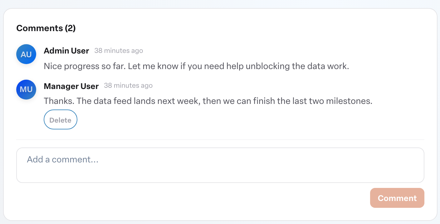 Engage coverage suite: objective-comments-section. the Comments section with the Add a comment... box and the Comment button