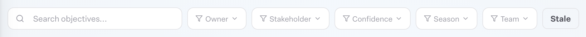 Engage coverage suite: objectives-board-filter-bar. the tab bar and the filter bar with Search objectives..., Owner, Stakeholder, Confidence, Season, Team and the Stale chip