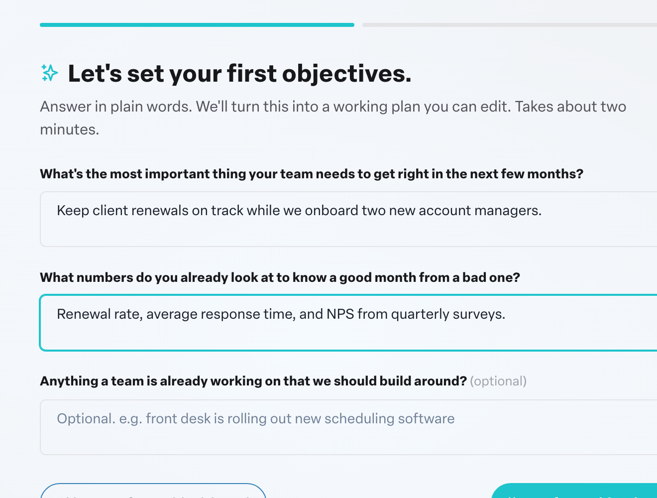 Engage coverage suite: objectives-starter-questions. the three questions and the Draft my objectives button
