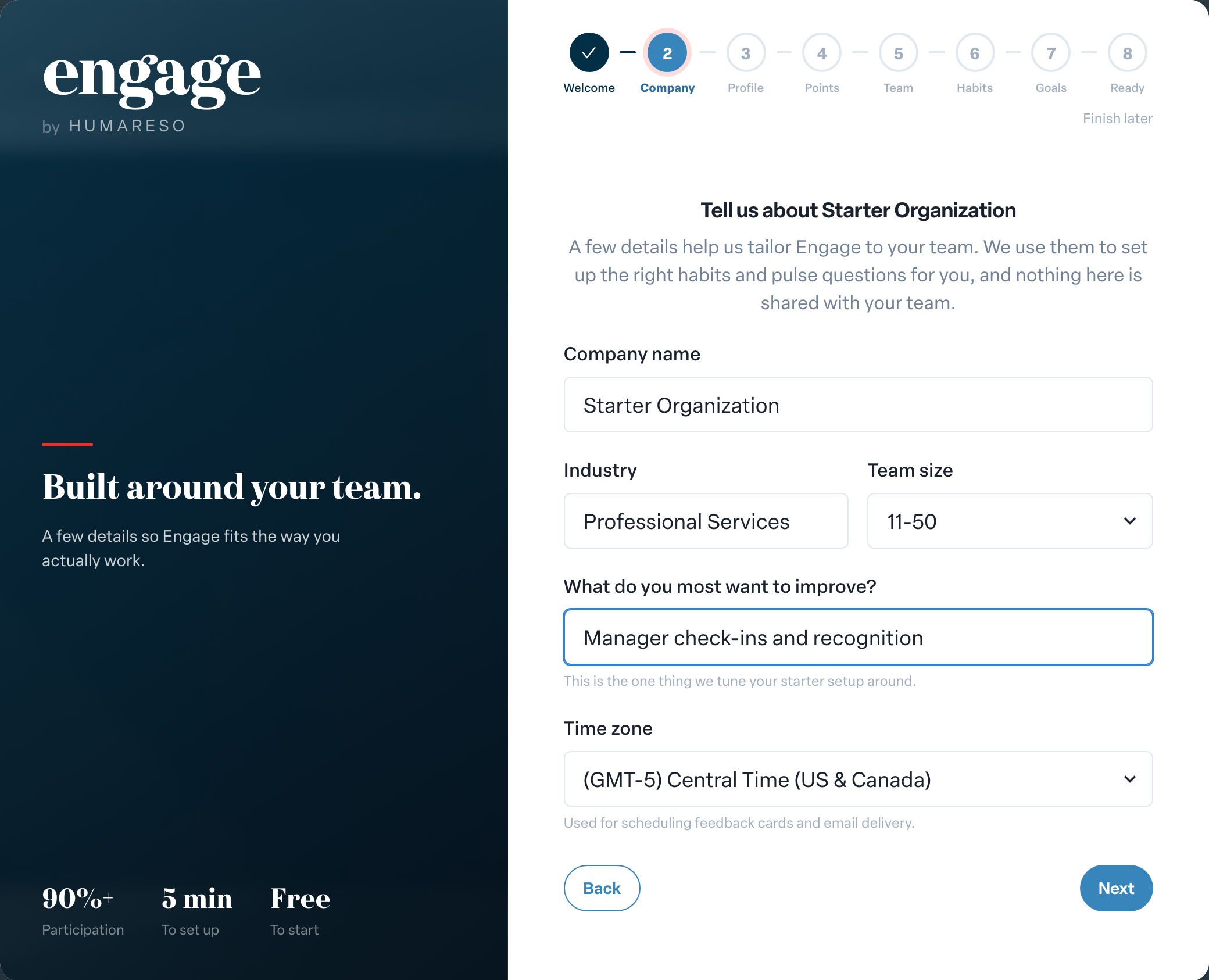 Engage coverage suite: onboarding-company-step. the company name, industry, team size and What do you most want to improve fields