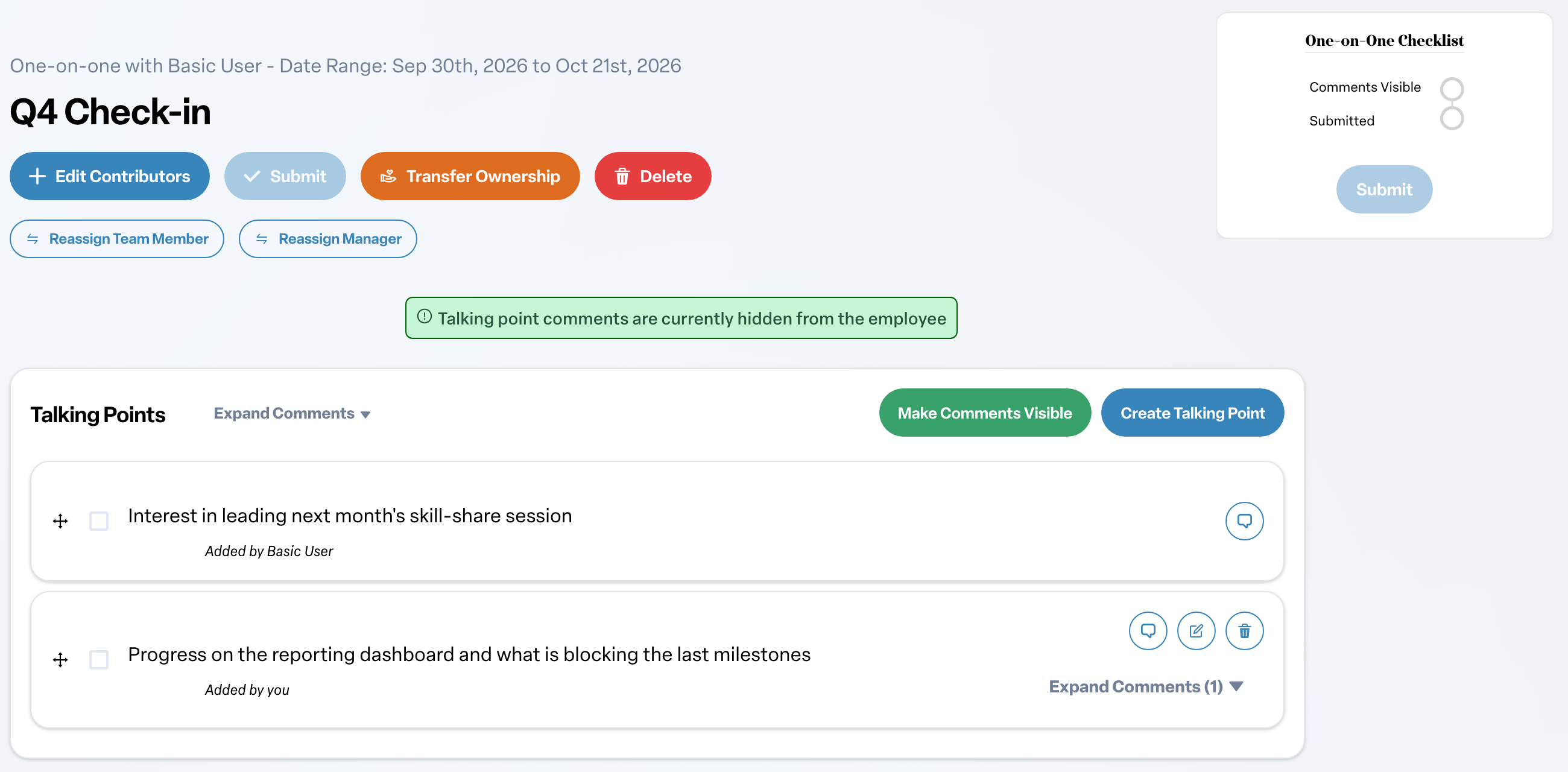 Engage coverage suite: one-on-one-talking-points-checklist. the talking points with Create Talking Point, the One-on-One Checklist and the button bar
