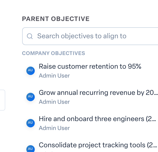 Engage coverage suite: parent-objective-picker. the Parent Objective field and its grouped list (Company objectives, Your teams, Your own)
