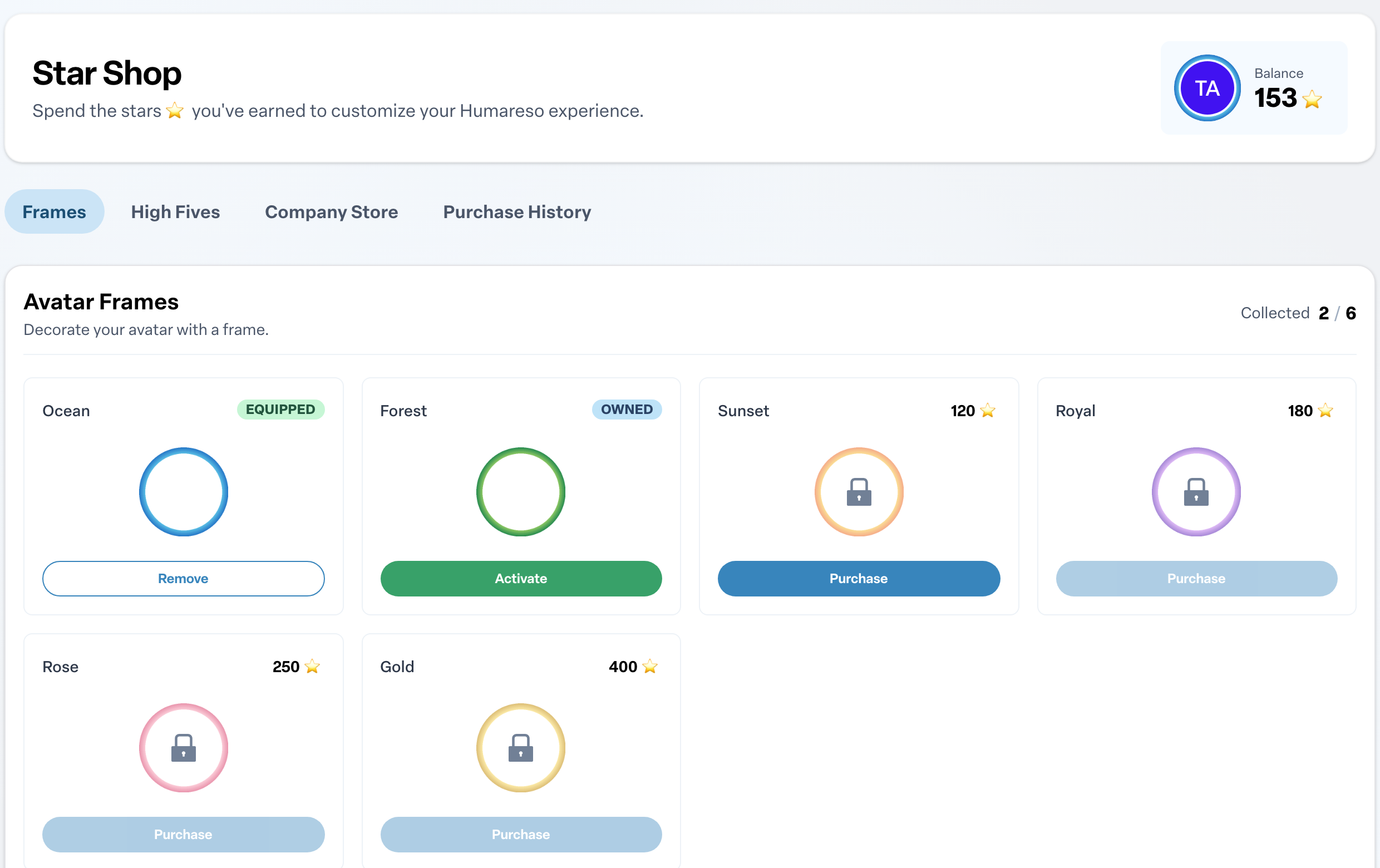 Engage coverage suite: points-shop-frames-tab. the shop hero with Balance, the tab row, and frame cards showing Equipped, Owned and Purchase states