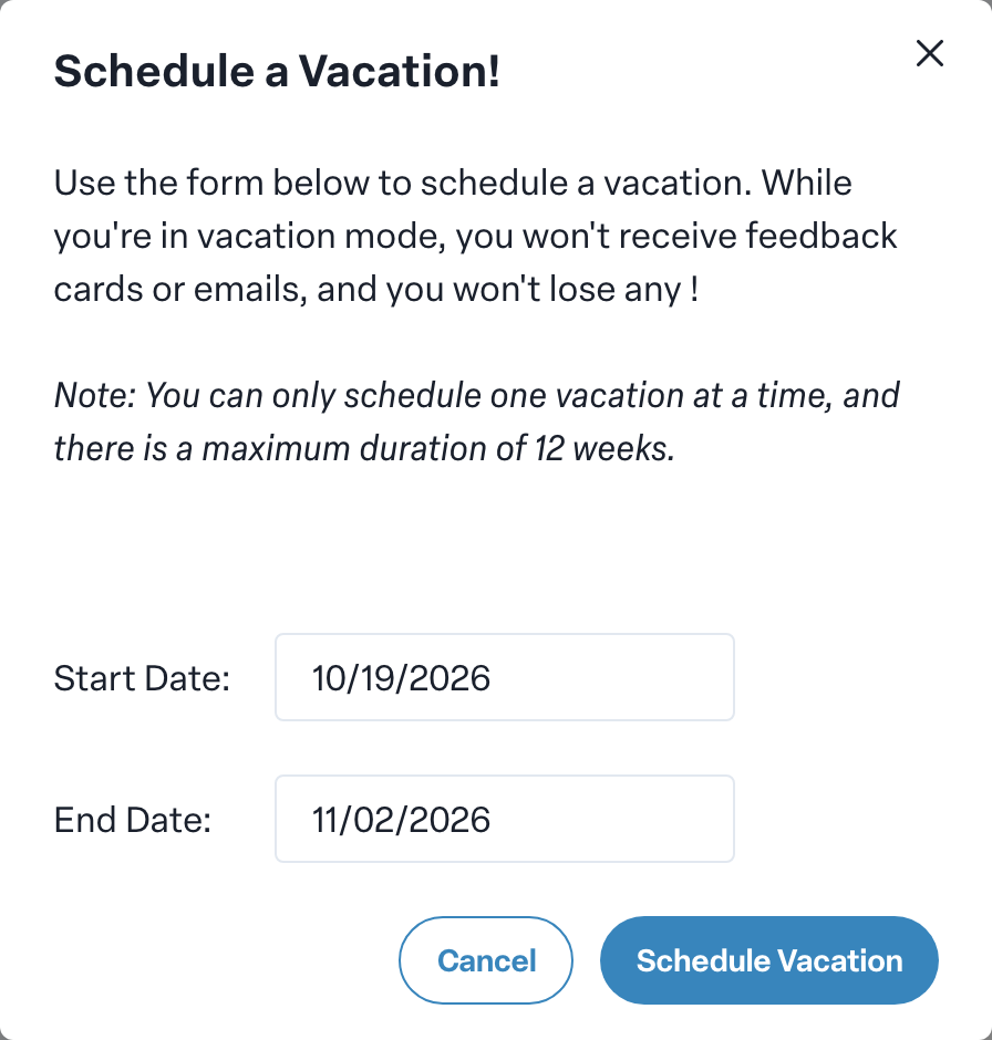 Engage coverage suite: schedule-vacation-dialog. the Schedule a Vacation! dialog with its Start Date and End Date pickers and the Schedule Vacation button