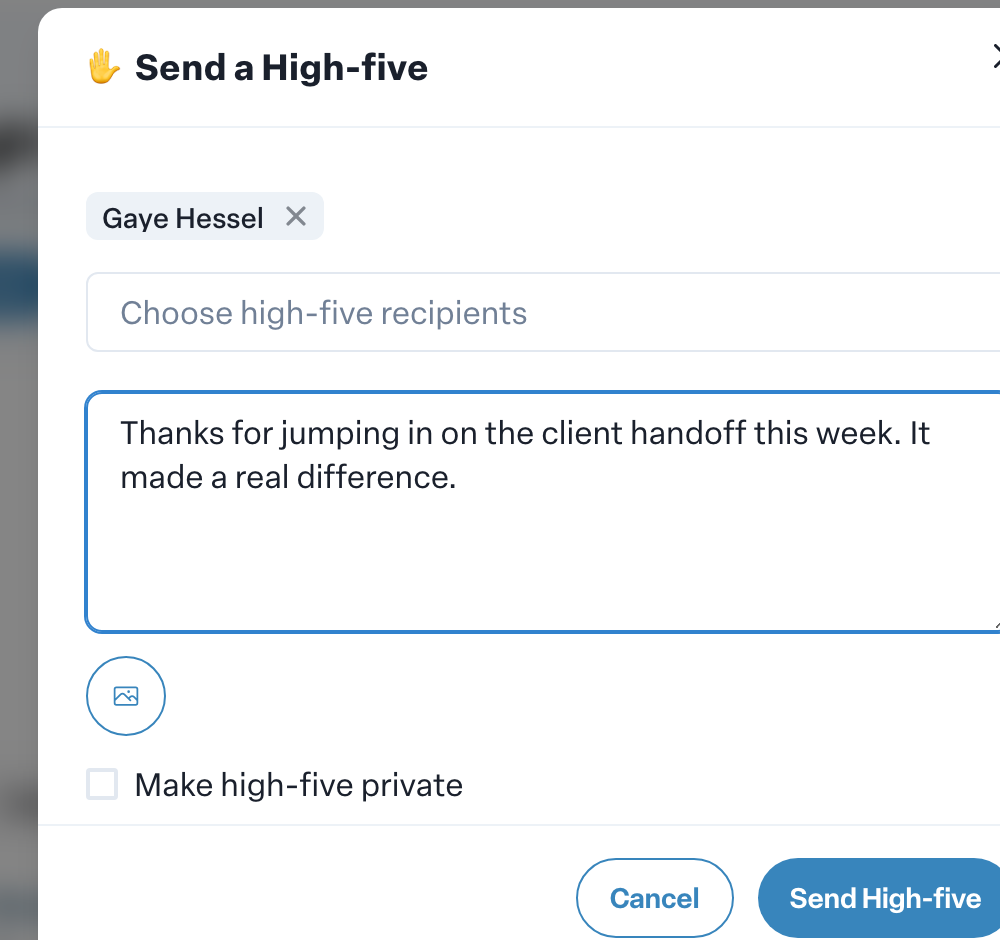 Engage coverage suite: send-highfive-modal. recipient picker, message box, the image button, and the Make high-five private checkbox