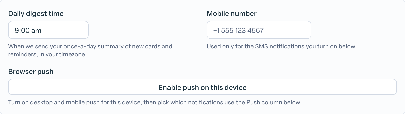 Engage coverage suite: settings-browser-push. the Browser push field with the Enable push on this device button