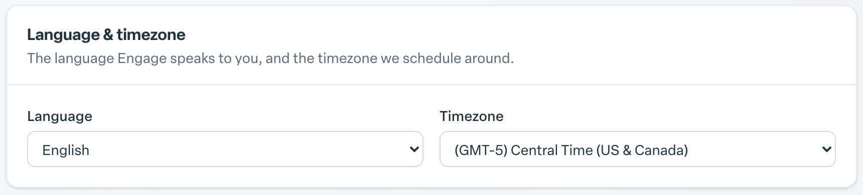 Engage coverage suite: settings-language-timezone. the Language & timezone section with the Language dropdown