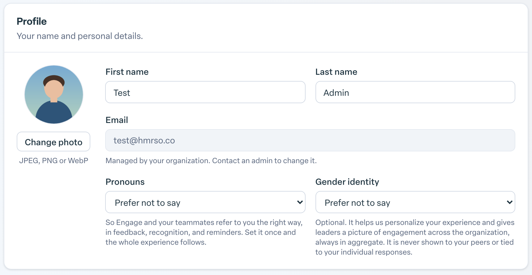 Engage coverage suite: settings-profile-section. the Profile section with the photo, Change photo and Remove buttons, and the name fields