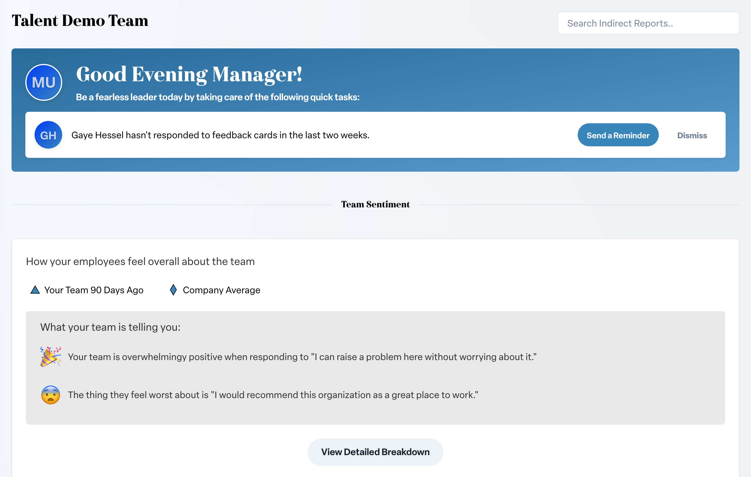 Engage coverage suite: team-dashboard-overview. the action items at the top with their Send a Reminder / Dismiss buttons, then Team Sentiment