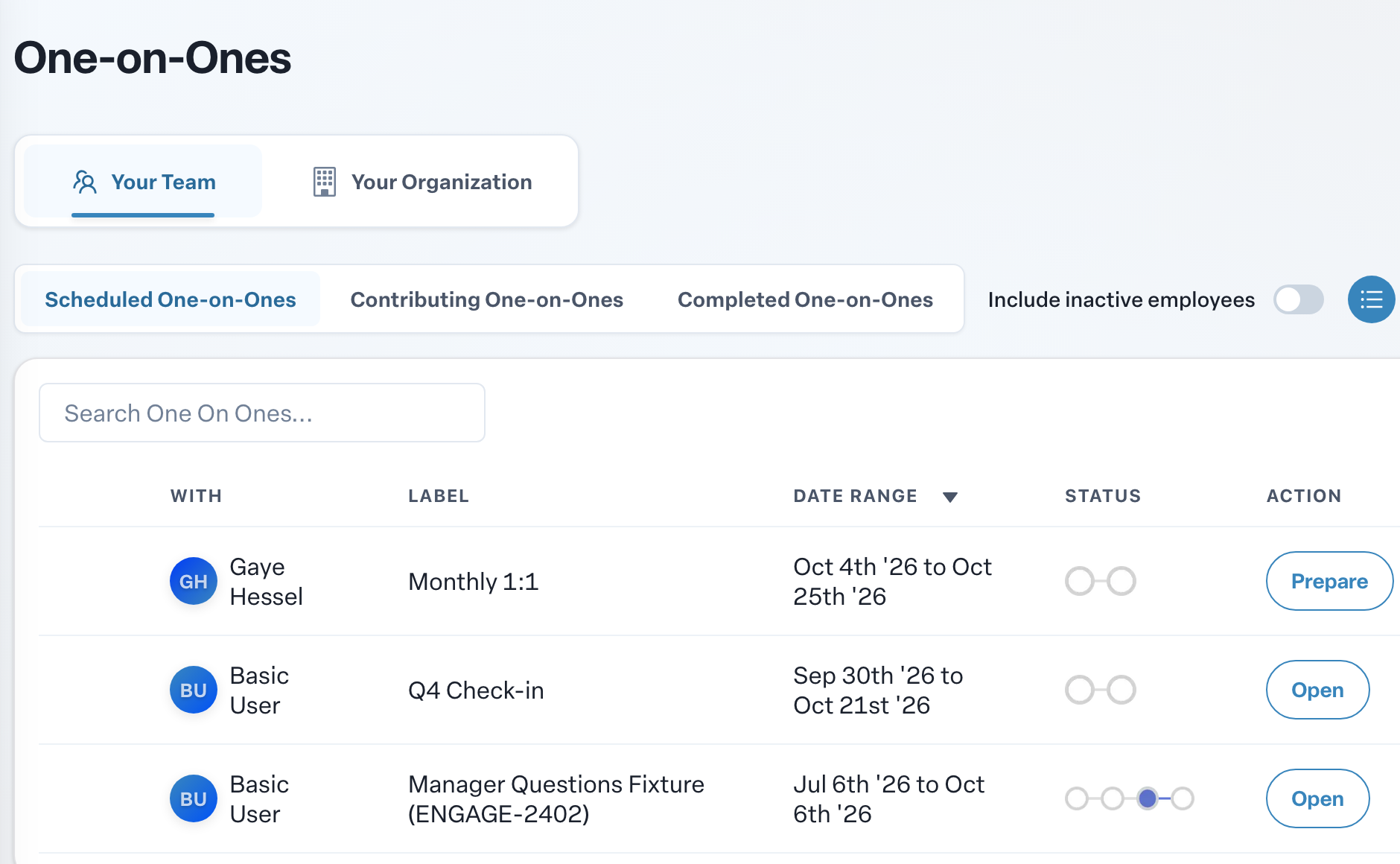 Engage coverage suite: team-one-on-ones-list. the Scheduled One-on-Ones list with the Prepare and Open buttons and the New One-on-One button